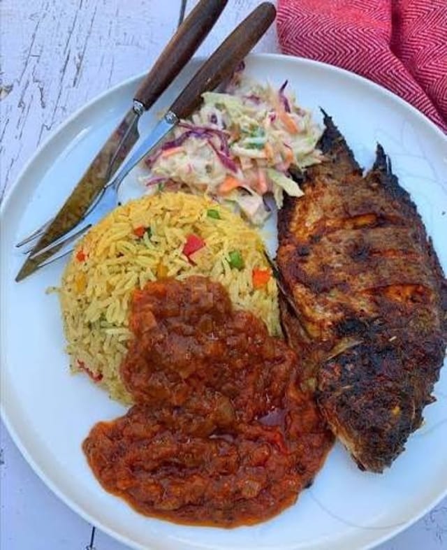 1/2 Jollof & 1/2 Waakye Fried Tilapia.