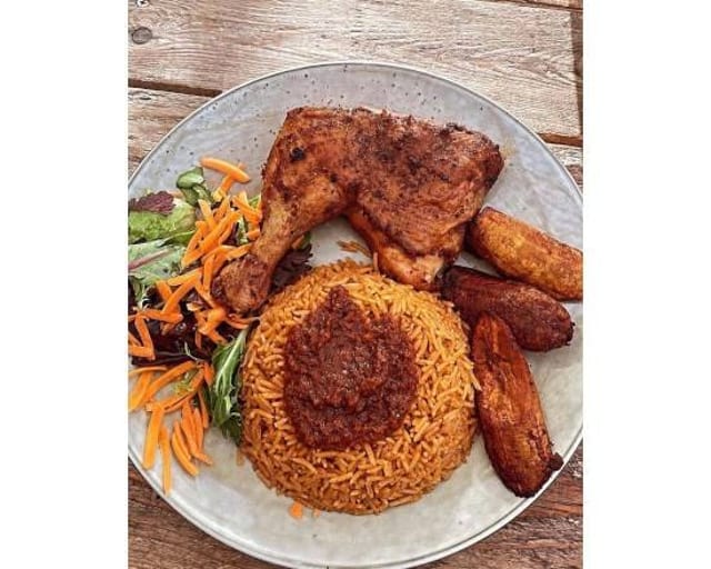 1/2 Jollof & 1/2 Waakye Fried Chicken.