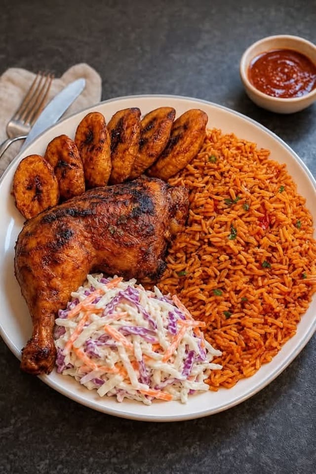 1/2 Jollof & 1/2 Waakye Grilled Chicken.