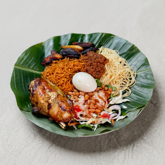 1/2 Jollof & 1/2 Waakye Fried Goat.