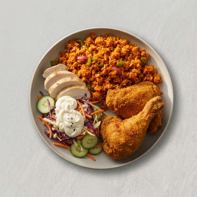 Jollof Rice W/ Fried Chicken.