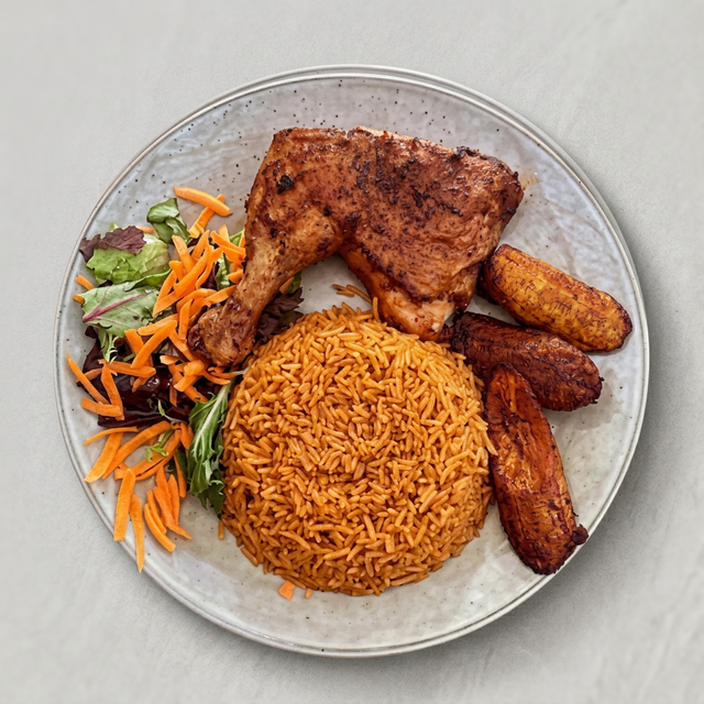 1/2 Jollof & 1/2 Waakye Fried Chicken.